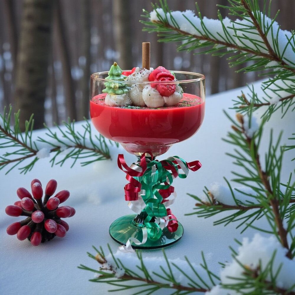 Holiday Candle ✦ Mistletoe & Cinnamon ✦ Soy Wax in XL Wine Glass w/ Green Stem